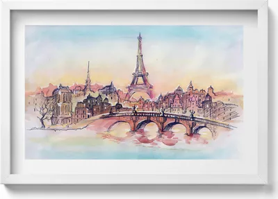 Produktbild von Gemalte Ansicht von Paris– Wandbild mit Rahmen – Gerahmtes Bild  – Wanddekoration – 60x40 cm –  Schwarz Rahmen