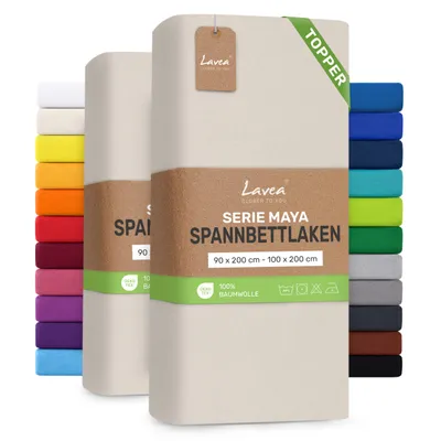 Produktbild von Lavea® 2er Pack Topper Spannbettlaken 90/100x200 cm, Bettlaken aus 100% Baumwolle Jersey – Für Topper bis 10 cm Höhe – Weich, Creme Naturweiß
