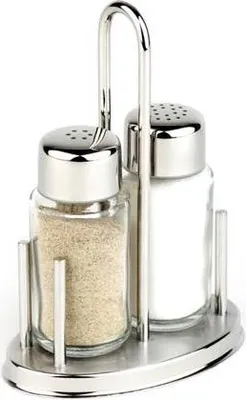 Produktbild von APS 40310 Menage CLASSIC, Ständer aus Edelstahl, Salz- und Pfefferstreuer aus Glas, 10,5 x 6,5 cm, Höhe 16 cm