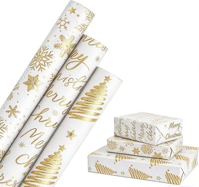 Produktbild von Weihnachts-Geschenkpapier-Rollen, 43 cm x 3 m, Schneeflocken-Design, Metallisch für Weihnachten, Party, Festliche Dekorationen (Weißgold)