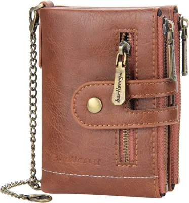 Image de Porte-monnaie en cuir pour homme avec double chaîne antivol double zip poche monnaie avec fenêtre pour carte d'identité, rouge-brun