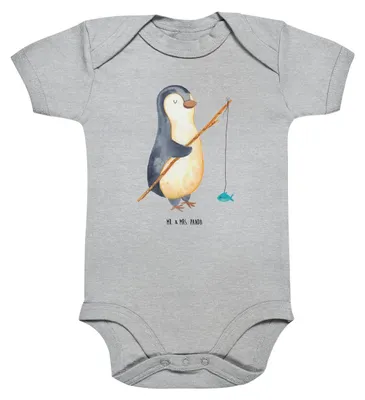 Produktbild von Mr. & Mrs. Panda Einteiler Pinguin Angler 3. - 6. Monat - Heather Grey - Geschenk, Strampler Baby, Angelurlaub, Angeln, Geschenkidee, Babybody kurzarm, babyanzug, Urlaub
