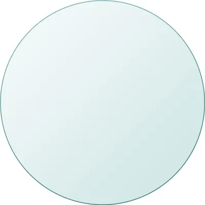 A round glass tabletop on a white and light blue background.