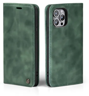 A green flip case for an iPhone 13 Pro is shown from two angles.