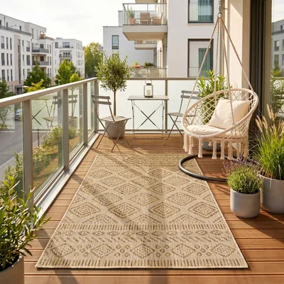 Produktbild von Homebyhome Outdoor Teppich Beige Jute Optik 60x100 cm Balkon Terrasse Garten Wetterfest UV-beständig Klein Rauten Design Flachgewebe