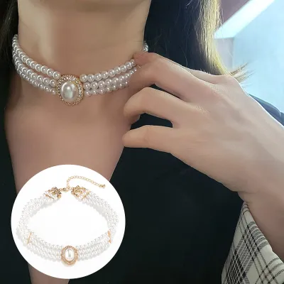 Produktbild von Damen-Halsband, Vintage-Stil, elegant, glänzend, mit Strasssteinen eingelegt, verstellbar, als Geschenk für Damen, Kunstperle, Schlüsselbein-Halskette, trendiger Schmuck