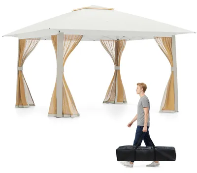 Zdjęcie produktu dla KOMFOTTEU Faltbarer Gartenpavillon 4x4 m, Pop Up Pavillon mit Doppeldach, 4 abnehmbaren Moskitonetzen, Partyzelt mit Metallrahmen, für Garten (Beige)