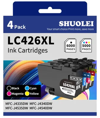 Produktbild von SHUOLEI LC426XL Druckerpatronen Kompatibel mit Brother LC-426XL LC-426 Patronen Multipack Hohe Kapazität, für MFC-J4335DW MFC-J4340DW MFC-J4535DW MFC-J4540DW (4 Pack, Schwarz/Cyan/Magenta/Gelb)