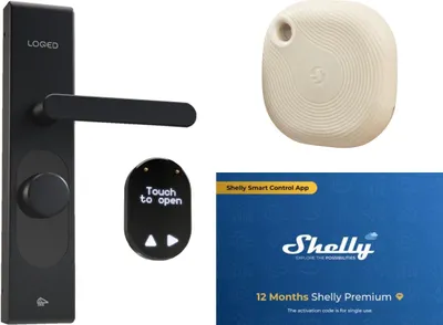Produktbild von Smart Türschloss SHELLY LOQED, schwarz + Tough1 Ivory + Premiumkarte