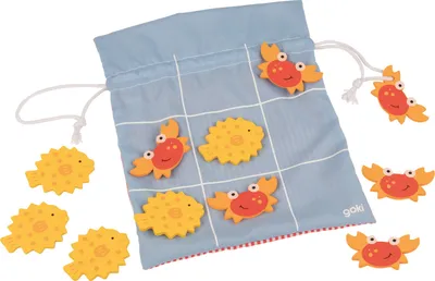 Image de goki 56771 Jeu Tic Tac Toe en bois, 10 pions, avec sac en coton, bleu/rouge/jaune
