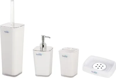 Produktbild von 4tlg Set Bad Accessoires WC Bürste Seifenspender Zahnbürstenhalter Seifenschale Rodi Bianco