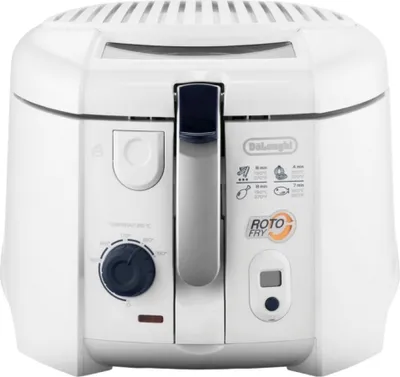 A white De'Longhi RotoFry deep fryer is shown from the front on a white background.