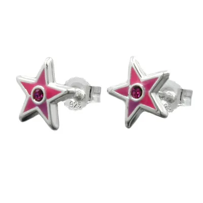 Produktbild von Ohrstecker Ohrring 8x8mm Kinderohrring Stern pink lackiert mit Glasstein pink Silber 925 silber 8mm