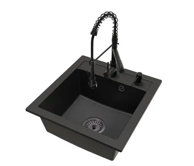 Produktbild von Granitspüle Küchenspüle Schwarz mit DUO Armatur Schwarz, Siphon Schwarz und Seifenspender