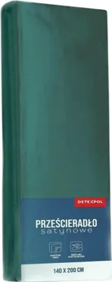 A folded green satin bedsheet is presented vertically against a white background. A dark blue band at the bottom of the image contains product information and logos.