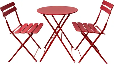 A red metal bistro set with a round table and two chairs, set against a white background.