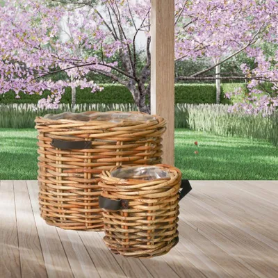 Produktbild von Dickes CL Rattan Pflanzkorb CESTINO natural ca.D35cm Ledergriffe