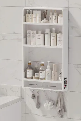 Produktbild von Wandregal für Bad und Küche – 3-stufiges Wandregal – mit 2 Schubladen & 6 Haken – bohrfreie Ablage – 71 × 40 × 10 cm – Bad- und Küchenorganizer – Weiß