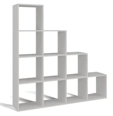A white, multi-tiered shelving unit designed in a step-like or staggered pattern.