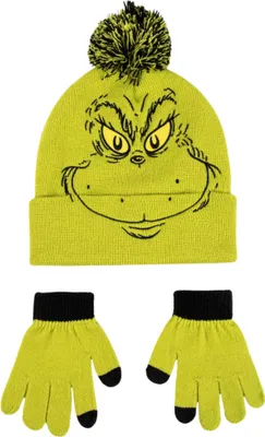 A green Grinch-themed beanie hat with a pom-pom and a pair of matching gloves are displayed against a white background.