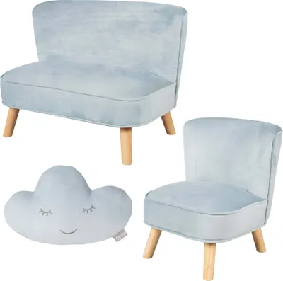 Image de Le lot « Lil Sofa » de roba comprend un canapé pour enfant, un fauteuil pour enfant et un coussin décoratif « Wolke » (nuage) bleu clair/ciel.
