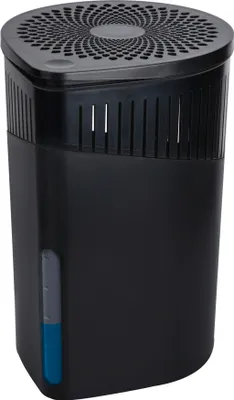 A black dehumidifier with a water level indicator on a white background.