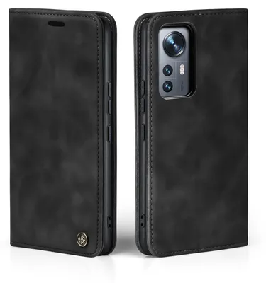 A black flip case for a smartphone is shown from two angles, open and closed.