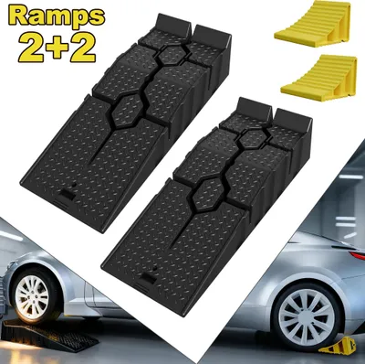 Produktbild von XINZI 2er Auffahrrampen + 2er Unterlegkeile, Kunststoff Autorampen & rutschfeste Reifenstopper, bis 5T für Auto/PKW/Wohnmobil/Garage/Werkstatt, Gelb