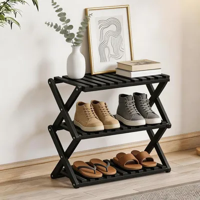 Immagine prodotto di Scaffale pieghevole per scarpe, nero, 3 ripiani, in bambù, senza montaggio, dimensioni 49x26x46 cm