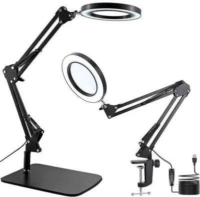 Productafbeelding van Ibenzoa® LED-tafellamp met geïntegreerd vergrootglas – 15x vergroting, 72 LED's, 3 lichtstanden, voet en klem voor precisiewerk
