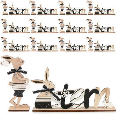 Produktbild von COM-FOUR® 12x 2-teiliges Set Oster-Deko aus Holz - mit Schriftzug und Osterhase