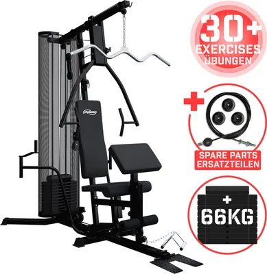 Produktbild von Physionics® Kraftstation - Hantelscheiben 66 kg, Verstellbar, Latzug, Butterfly, Beincurl, Armcurl - Fitnessstation, Multistation, Trainingsstation, Multifunktion Hantelbank, Homegym, Multi-Gym