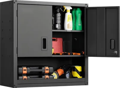 Zdjęcie produktu dla Szafka na narzędzia warsztatowe - Stalowa szafka do montażu na ścianie - Wymiary 76,2 x 30,5 x 76,2 cm - Zamykane drzwi - Regulowana półka - Do przechowywania w garażu, piwnicy, kuchni - Czarny