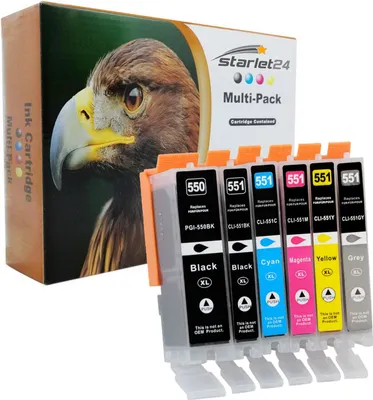 Produktbild von 6er-Set Druckerpatronen kompatibel zu Canon PGI-550 CLI-551 – Für Canon PIXMA iP-7200, iP-7250, MG-5550, iX-6850 Serien, mit Grau