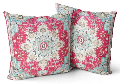 Produktbild von Set mit 2 Boho-Kissenbezügen, 50 x 50 cm, samtweich, im Boho-Retro-Stil, dekorativ, rosa, für Sofa, Schlafzimmer, Wohnzimmer und als Wohnaccessoire.
