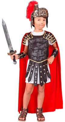 Römer Kostüm Kinder Marcus als Centurio mit Rüstung, rotem Umhang und Gold-Bronze-Römerhelm mit rotem Federkamm.