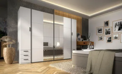 Obrázok produktu pre Zrkadlová šatníková skriňa 270 cm so šuplíkmi GIRADOT - biela / čierne úchyty