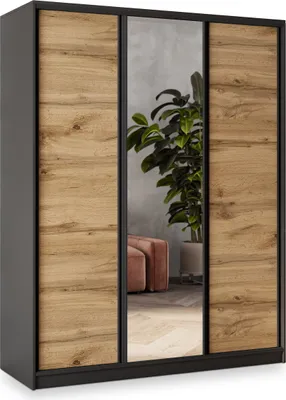 Immagine prodotto di Armadio scorrevole Masseno SORE 160/205/58 cm Armadio con 4 cassetti Armadio per camera da letto a 3 ante con specchio Nero / Rovere Wotan
