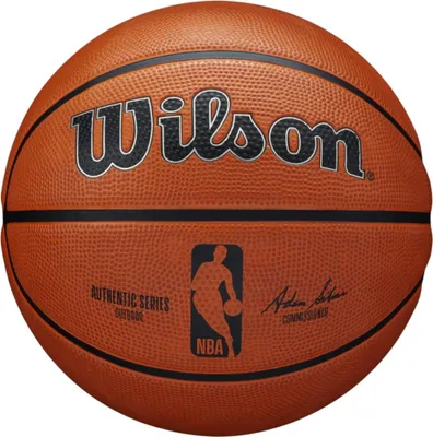 A close-up of a Wilson NBA Authentic Outdoor basketball.