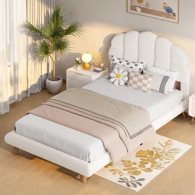 Image de UnboxG Lit simple 90x200 cm,Lit rembourré avec tête de lit en forme de fleur et sommier à lattes, cadre de lit stable,Lit d'enfant,Lit d'adolescent, Lit de fille