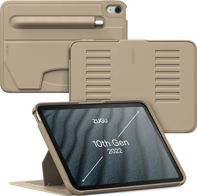 A tan iPad case is shown from multiple angles, with one angle displaying an iPad inside the case.