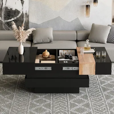 Obrázek produktu pro Fortuna Lai 70*70*39 cm čtvercový obývací stůl, rozkládací konferenční stolek se skrytým úložným prostorem, design s barevnými bloky, čajový stolek, lesklý obývací stolek, černý, MDF