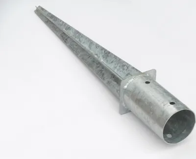 A galvanized metal ground spike for a fence post.