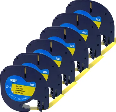 Produktbild von DULA – Dymo LetraTag 91202 Etiketten – Schwarz auf Gelb – 12 mm x 4 m – 6 Stück
