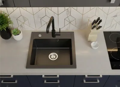 Produktbild von [Granitspüle 49x52 in verschiedenen Farben+ Armatur Steel] Hochwertig beidseitig Montierbar Küchenspüle Eckig Einbaugranitspüle Granit Spülbecken f. Unterschränke ab 45 cm inkl.Siphon Set, Farben:Schwarz