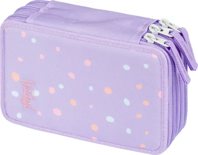 A purple pencil case with polka dots and multiple zippers.