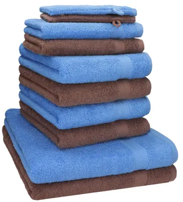 Produktbild von Betz 10-tlg. Handtuch-Set PREMIUM 2 Duschtücher 4 Handtücher 2 Gästetücher 2 Waschhandschuhe  Farbe: hellblau & nuss