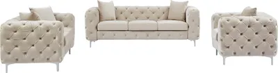 Produktbild von 3-Sitzer-Sofa, 2-Sitzer-Sofa und Chesterfield-Sessel aus beigem Velours - EDWINA
