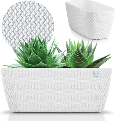 A white planter with a textured knit pattern, containing two aloe vera plants. A close-up of the texture and a separate view of an empty planter are also shown.