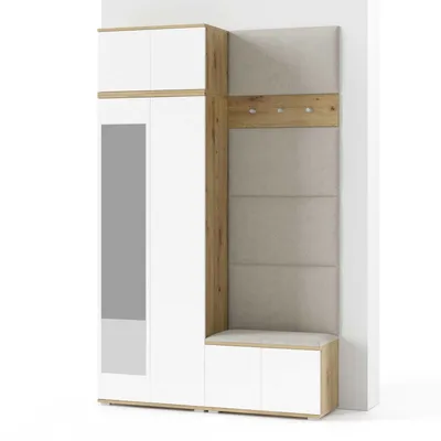 Produktbild von Garderoben-Set Aura Version 2: Kleiderschrank mit Polsterpaneelen, Schuhschrank Flur und Eingangsbereich (weiß/Artisan-Eiche /Trinity 01)